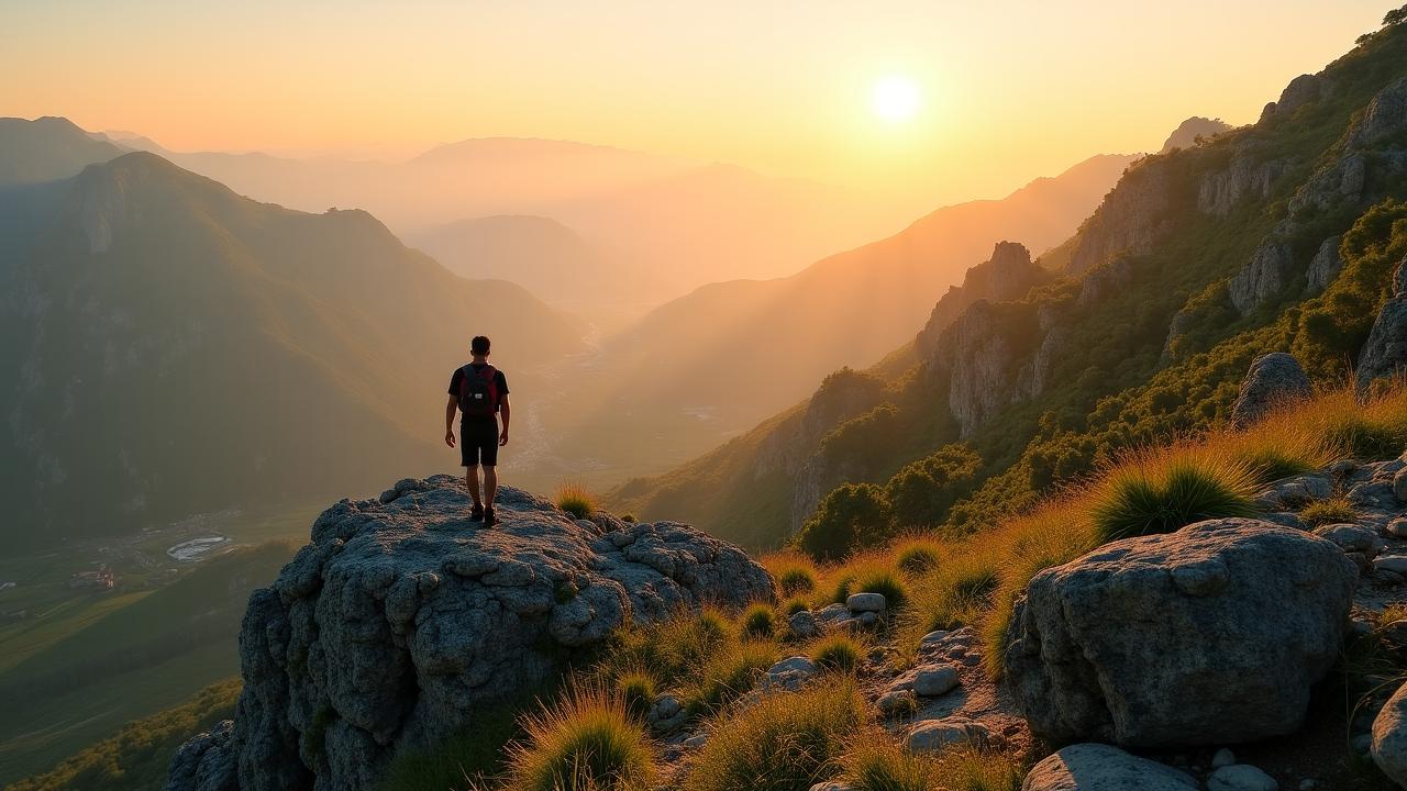 Escursionisti che ammirano il panorama montano vicino Roma al tramonto